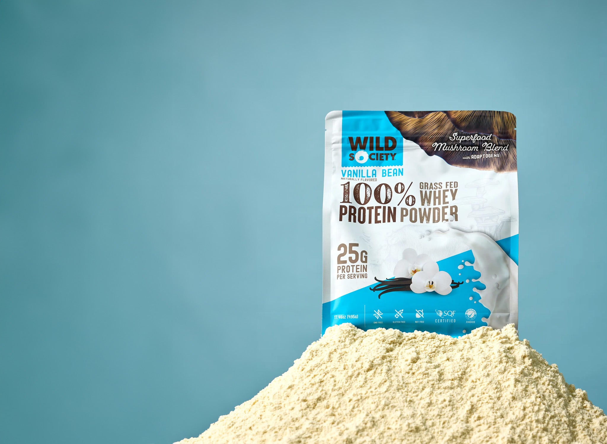 Protein powder with a Wild Society protein powder package on a blue background