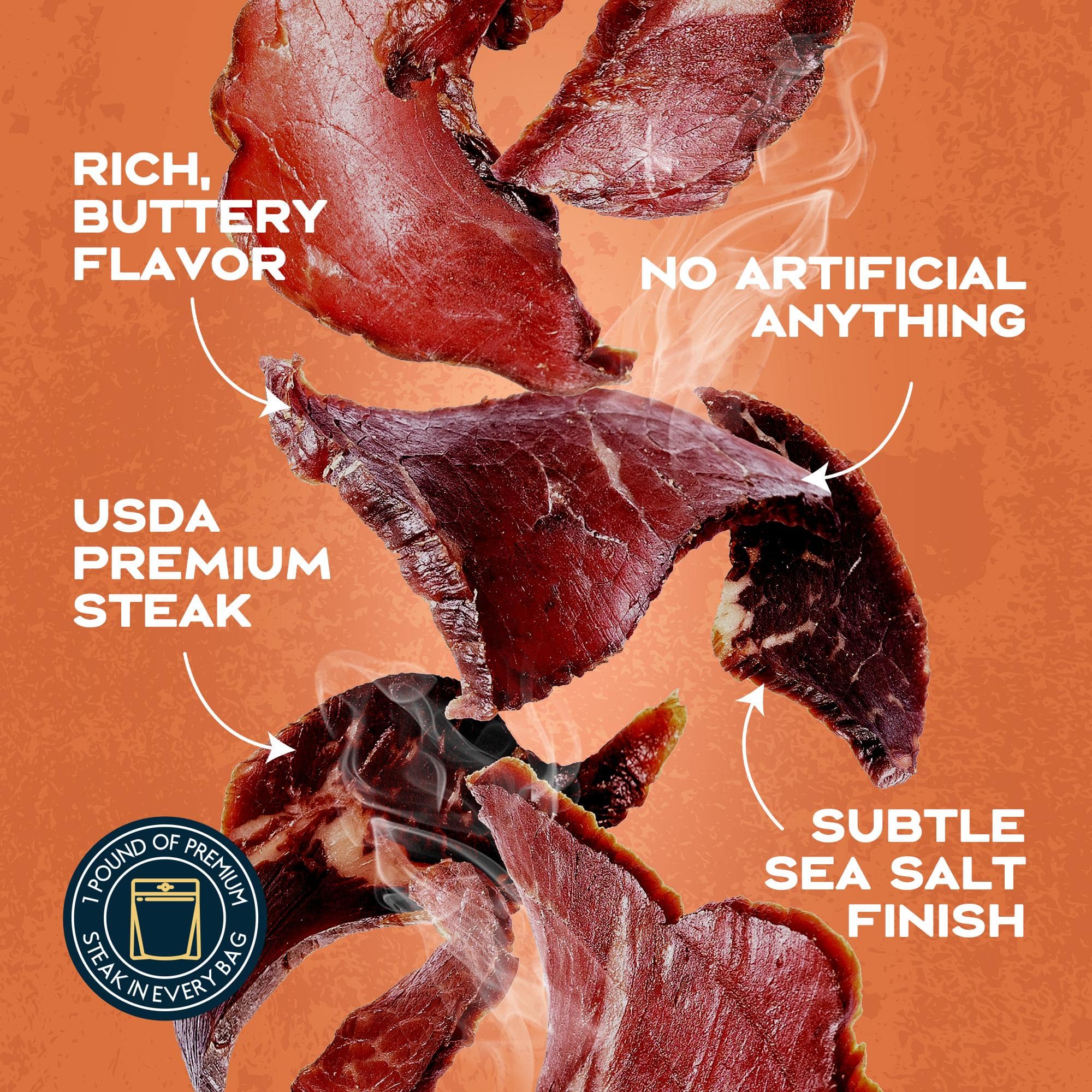 Dried beef jerky with text highlighting flavor, quality, and authenticity on an orange background