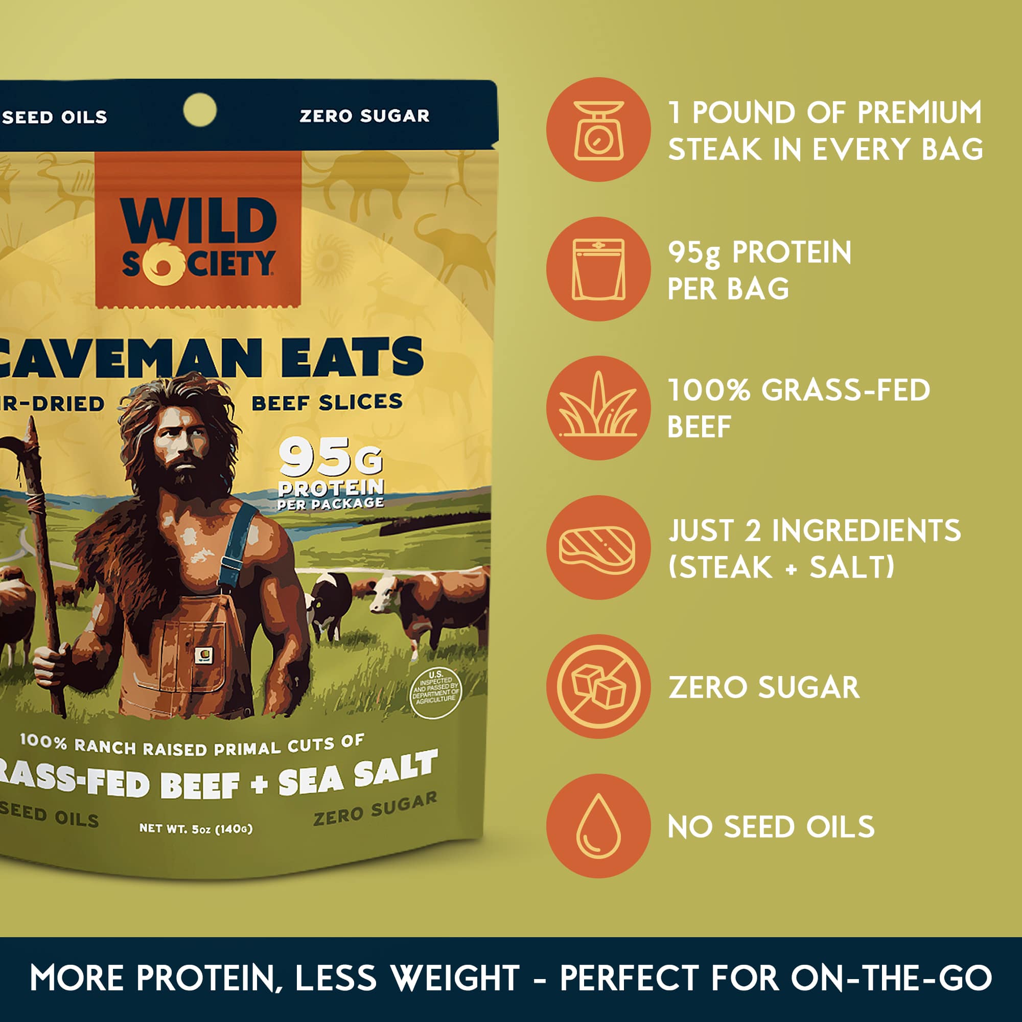 Wild Society Caveman Eats beef slices packaging with product details on a green background