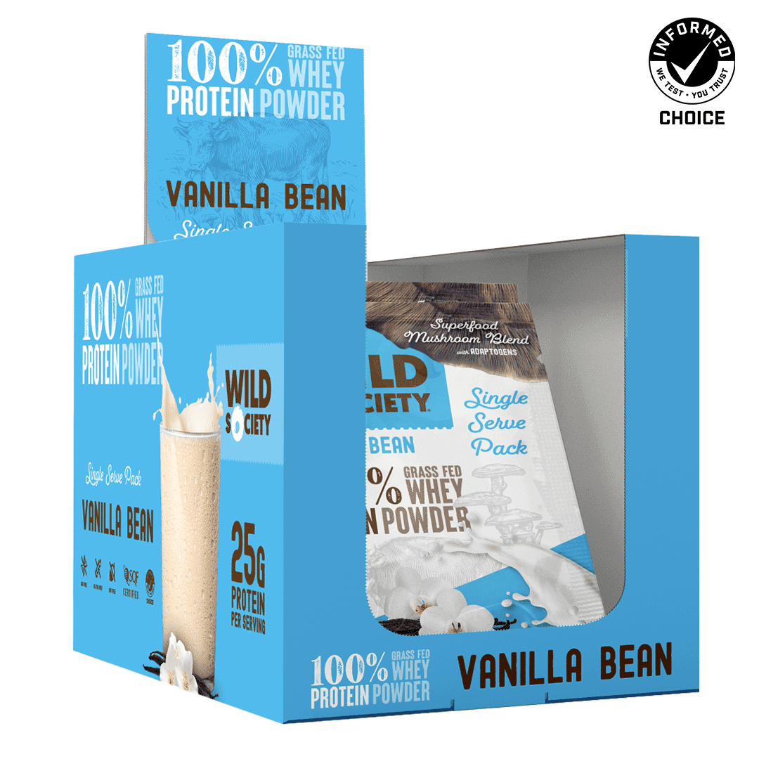 Box of vanilla bean protein powder with visible brand logo on a white background