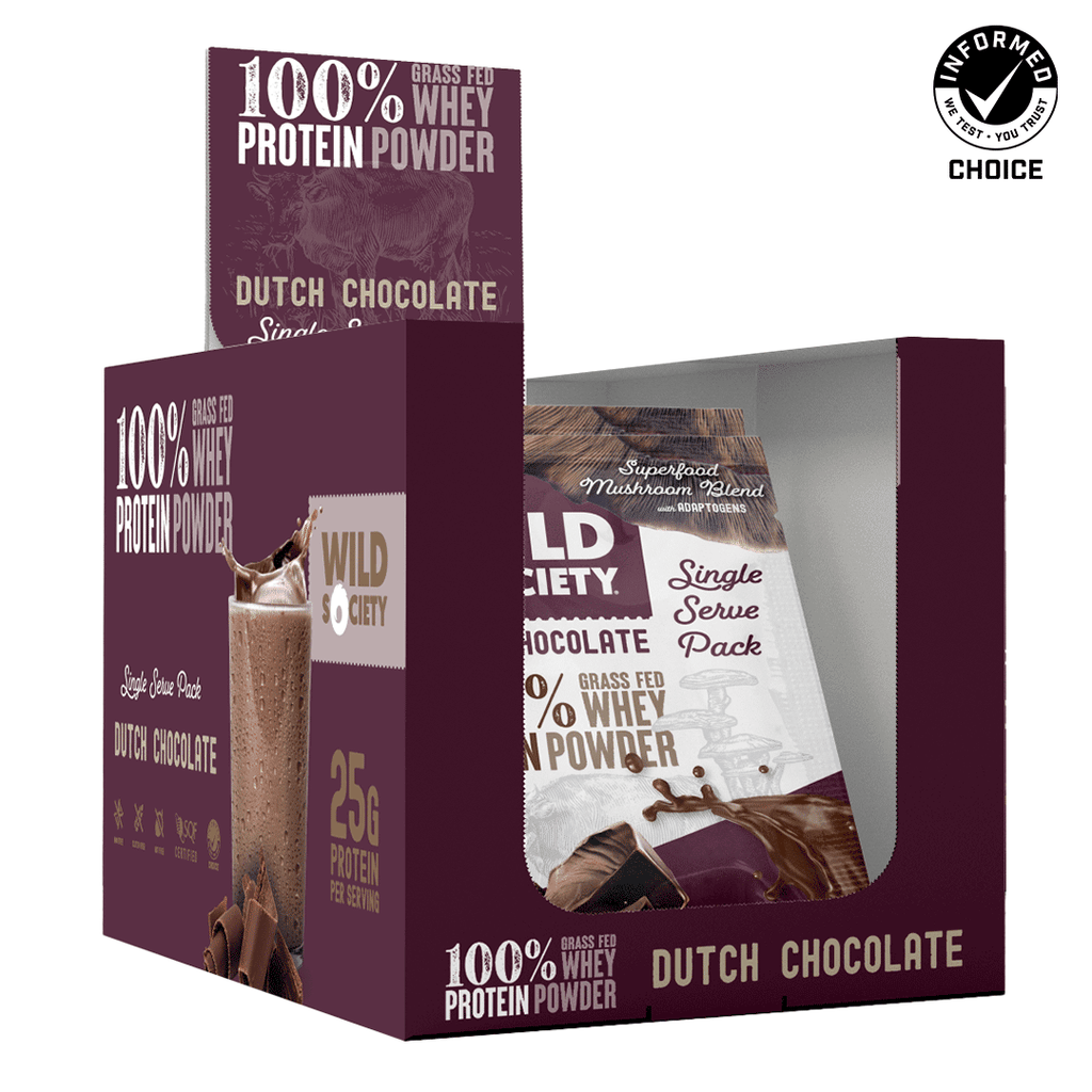 Box of Wild Society Dutch Chocolate whey protein powder with visible branding and product details.