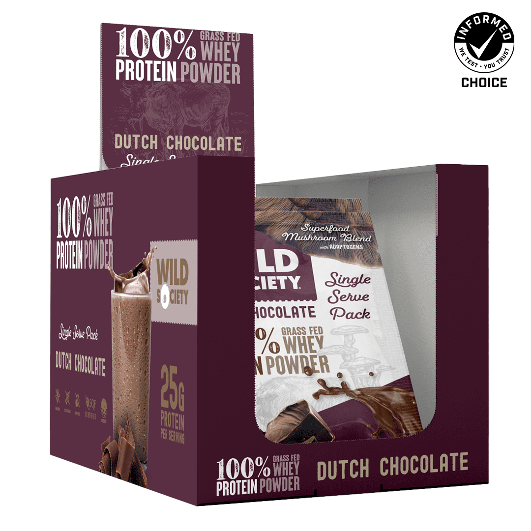 Box of Wild Society Dutch Chocolate whey protein powder with visible branding and product details.