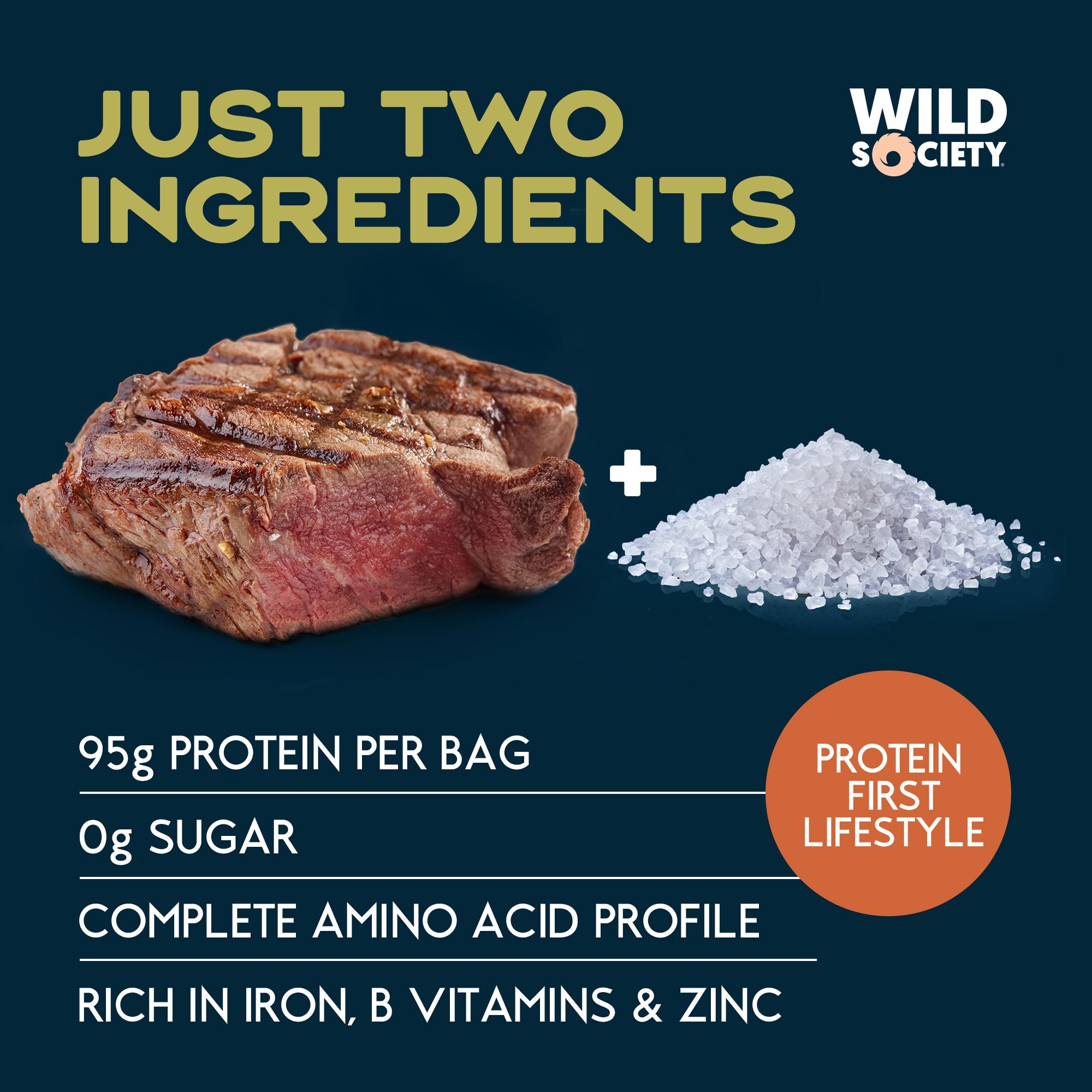 Product advertisement for Wild Society protein powder with beef and salt on a dark background
