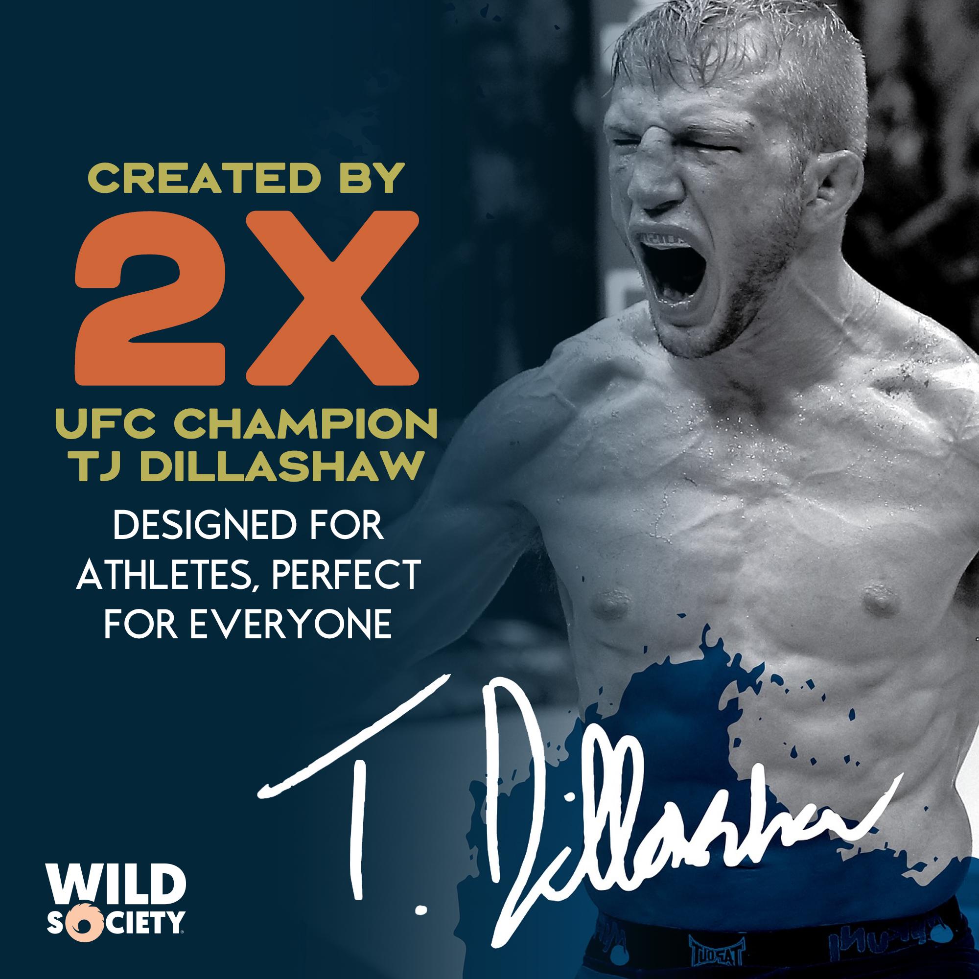 Advertisement featuring a shirtless man with a signature, text about UFC champion TJ Dillashaw, and Wild Society branding.