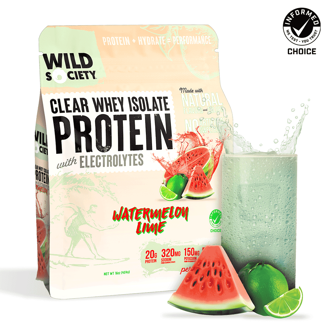 Clear whey isolate protein package with watermelon and lime flavor on a white background