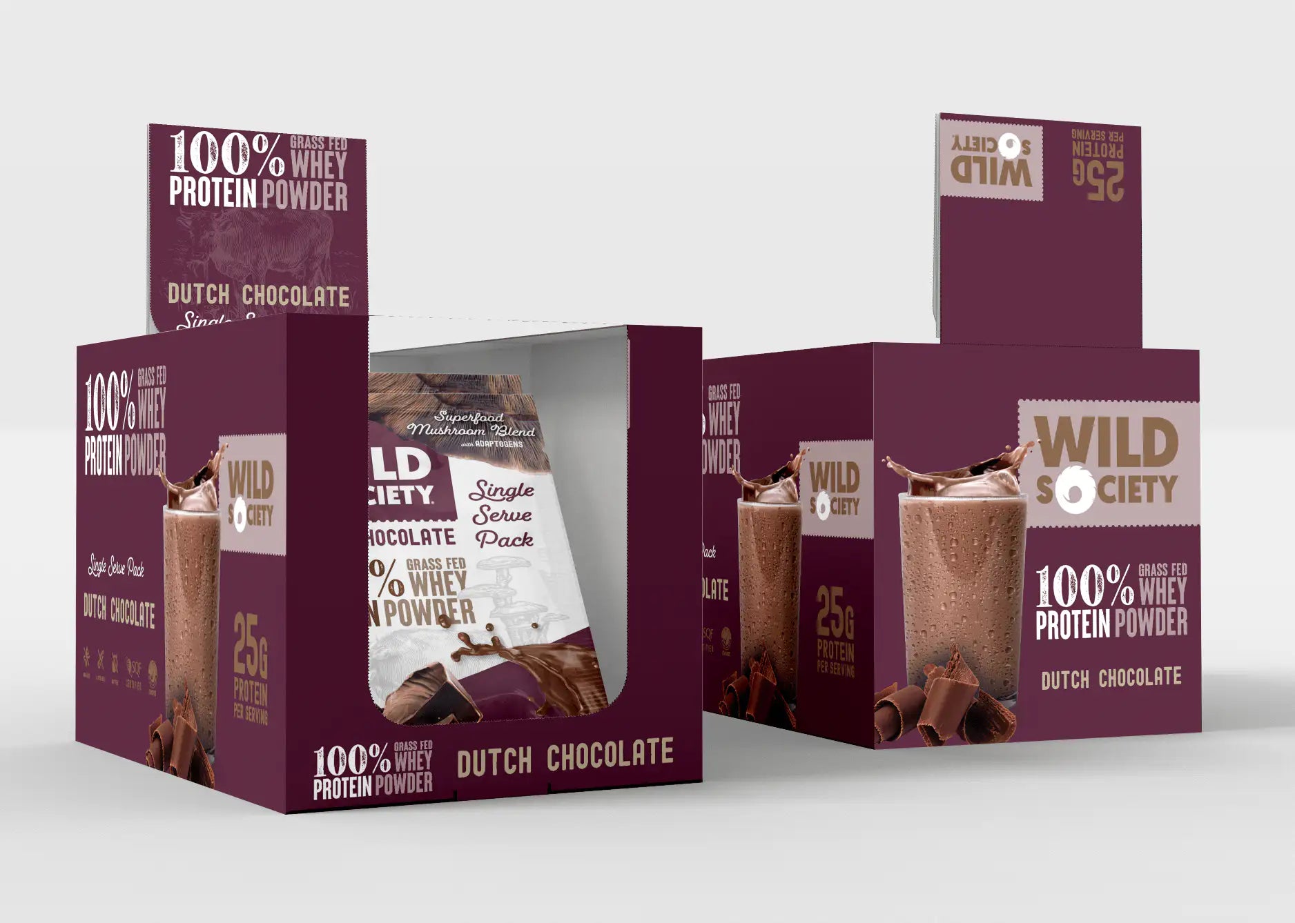 Wild Society protein powder boxes on a white background