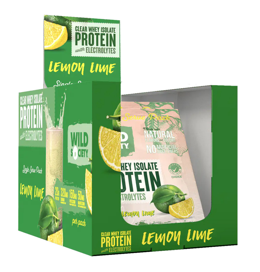 Protein packaging with lemon and lime graphics on a white background