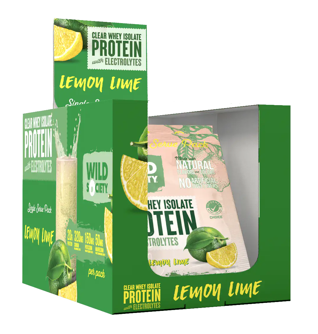 Protein packaging with lemon and lime graphics on a white background