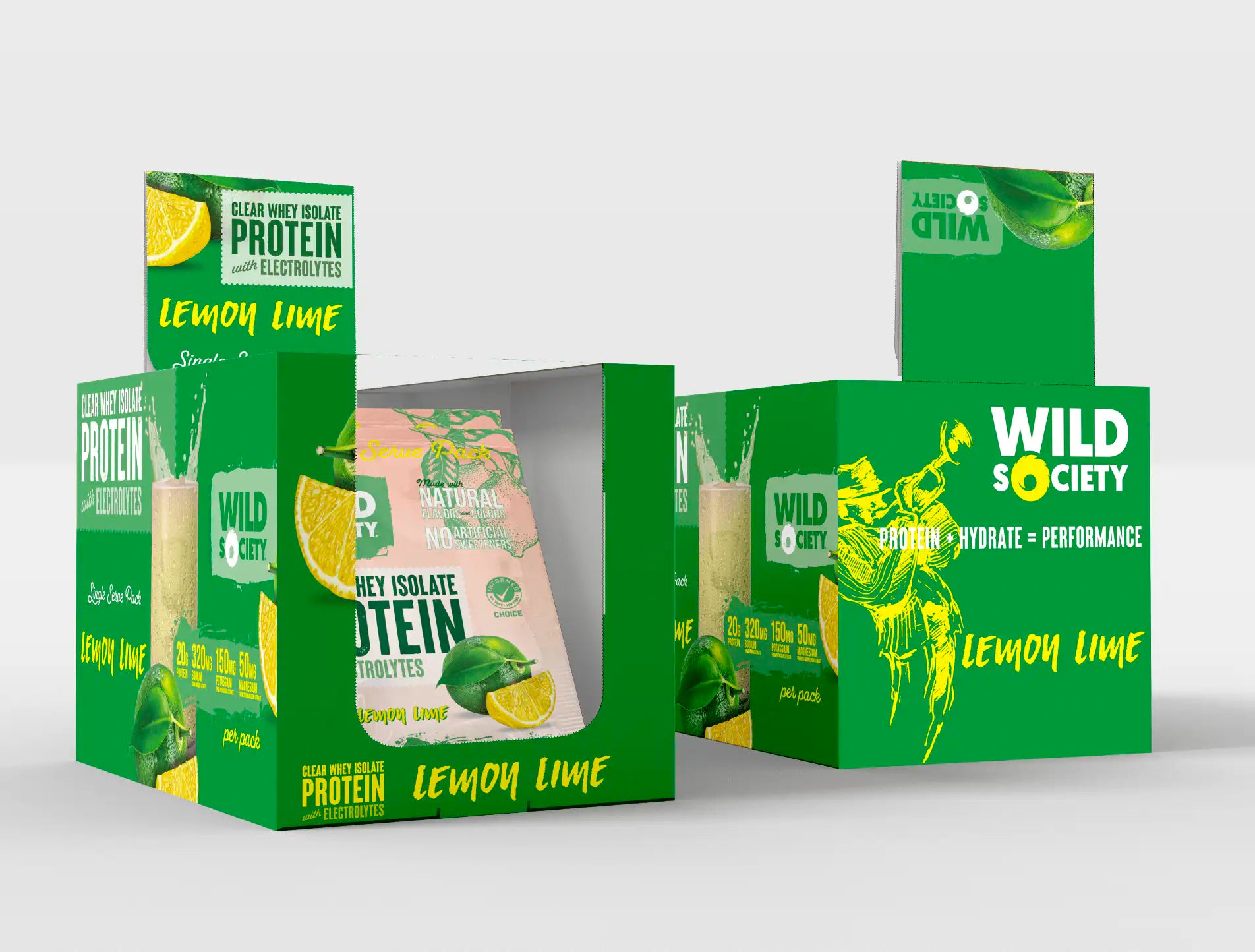 Green boxes of Wild Society lemon lime protein packaging on a white background