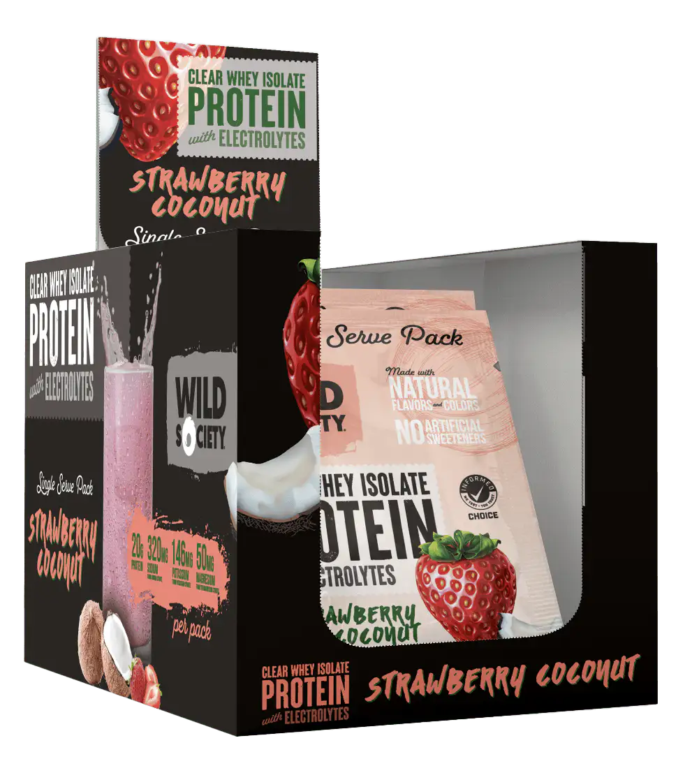 Strawberry coconut protein packaging with visible branding on a white background