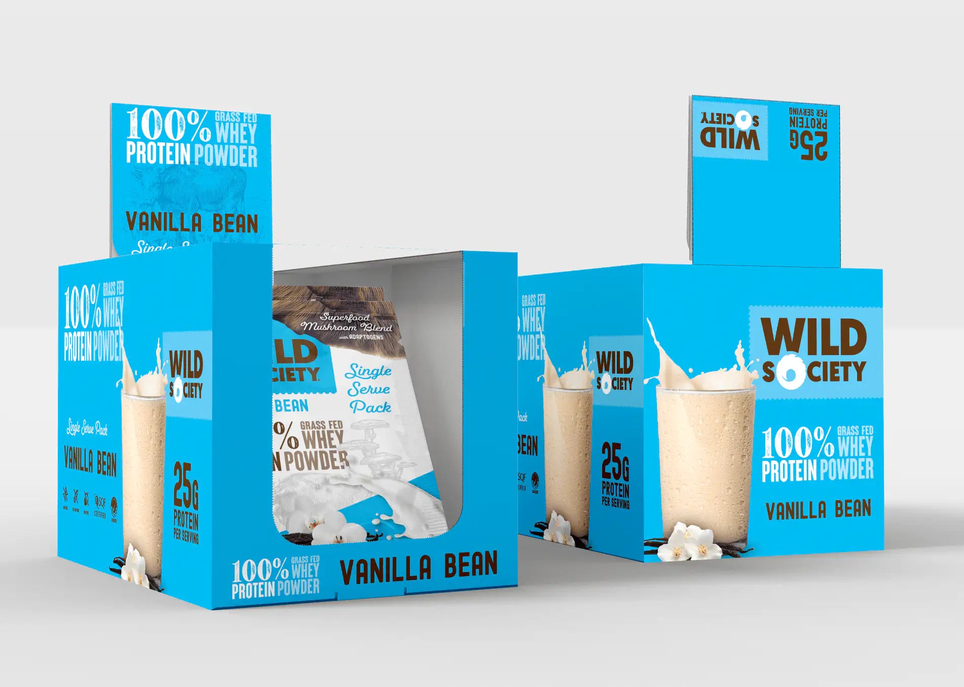 Display of Wild Society vanilla bean protein powder packaging on a white background