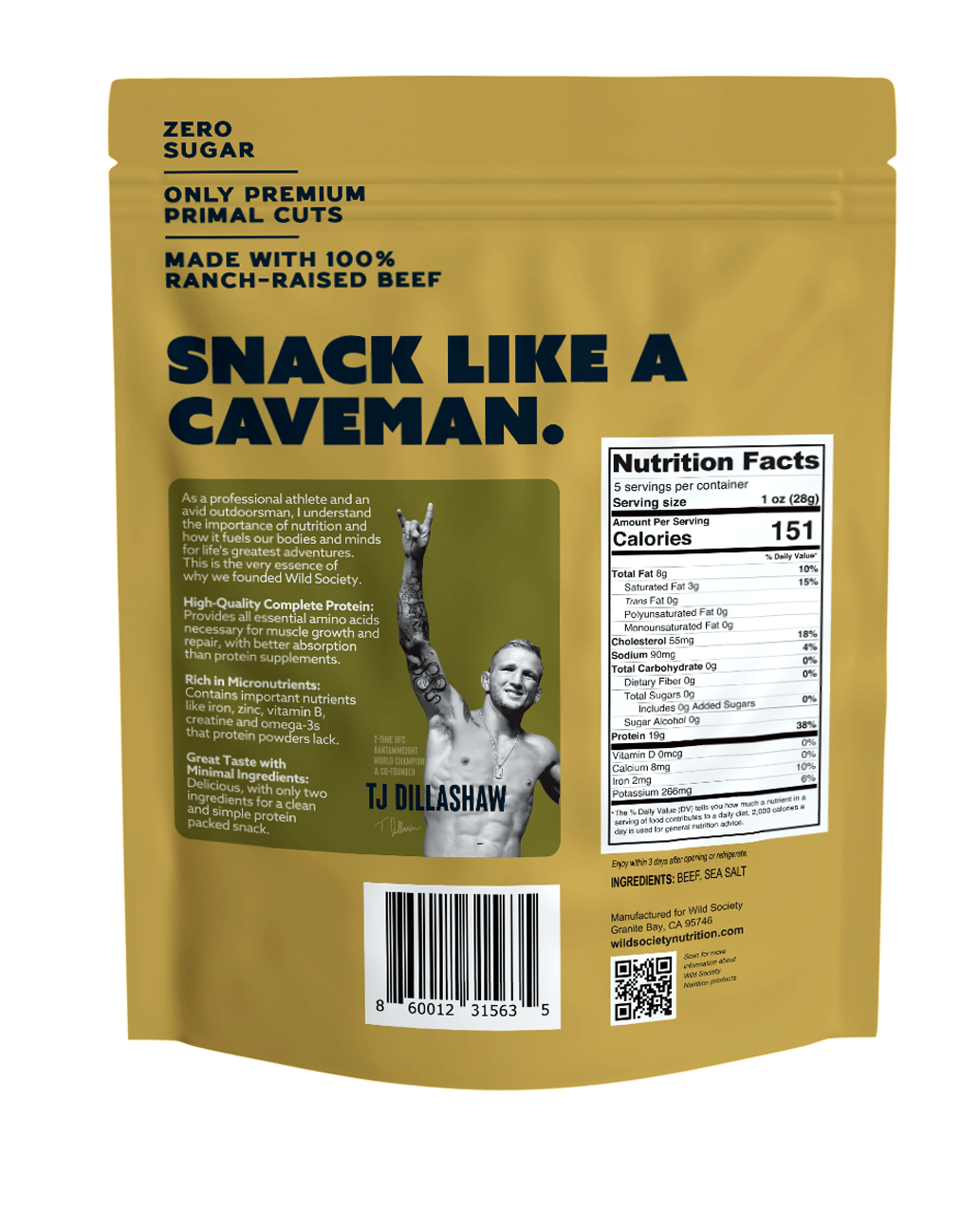 Beef snack package with branding and nutritional information on a yellow background