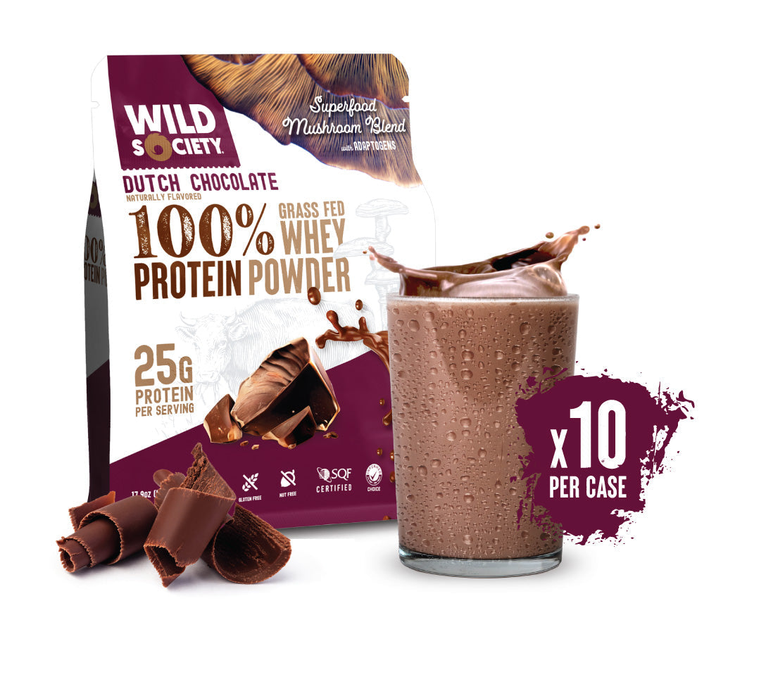 A package of Wild Society's 100% Grass-Fed Whey Protein Powder in Dutch Chocolate flavor, with a graphical representation of the product splashing into a glass and a piece of chocolate alongside.