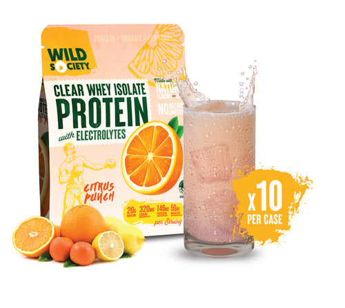 A package of Clear Whey Isolate Protein with Electrolytes in Citrus Punch flavor, alongside a graphical representation of a protein shake in a glass, with oranges and other citrus fruits around it.