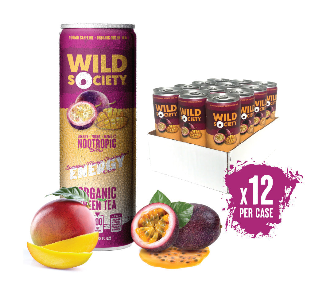 The image shows a case of 12 Wild Society Energy Drinks in Mango Passionfruit flavor. The can design features images of mangoes and passionfruit, indicating the flavor of the product.
