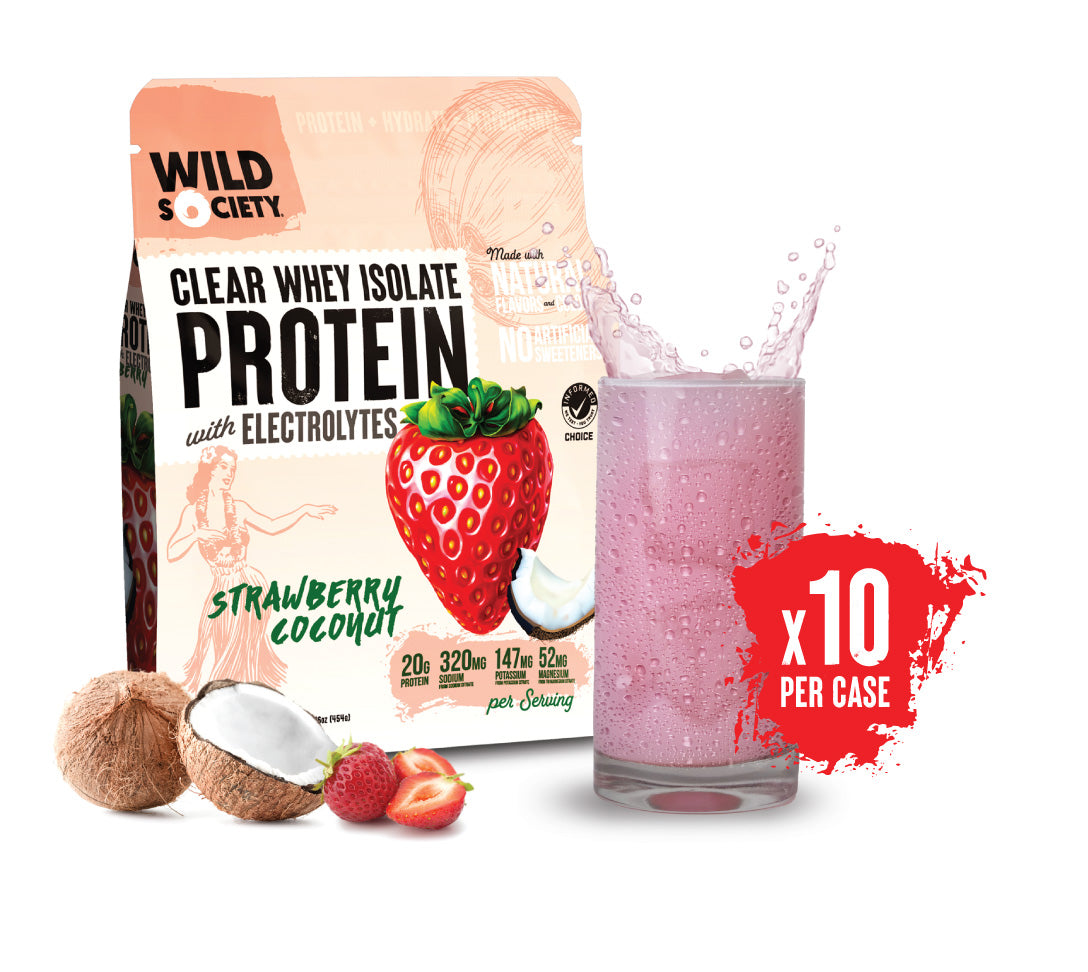 A package of Clear Whey Isolate Protein with Electrolytes in Strawberry Coconut flavor, indicating 10 units per case, with a visual representation of a strawberry and a coconut, and a glass of the protein drink splashing.