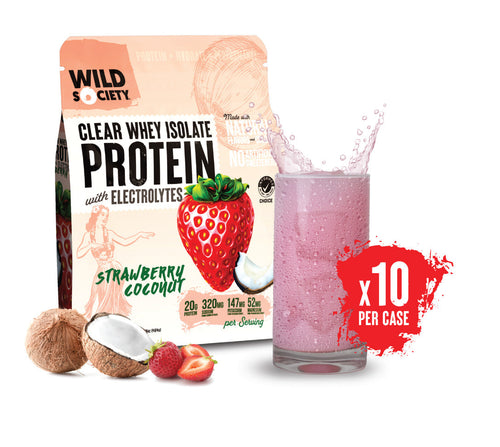 A package of Clear Whey Isolate Protein with Electrolytes in Strawberry Coconut flavor, indicating 10 units per case, with a visual representation of a strawberry and a coconut, and a glass of the protein drink splashing.