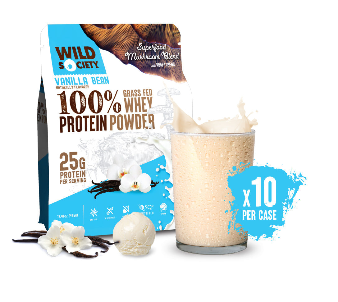 A package of Wild Society 100% Grass-Fed Whey Protein Powder in vanilla bean flavor, with a graphic representation of a protein shake and the text indicating 25g of protein per serving and 10 units per case.