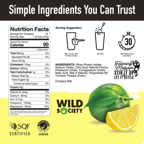 Nutrition facts for Clear Whey Isolate Protein with Electrolytes in Lemon Lime flavor with serving suggestions