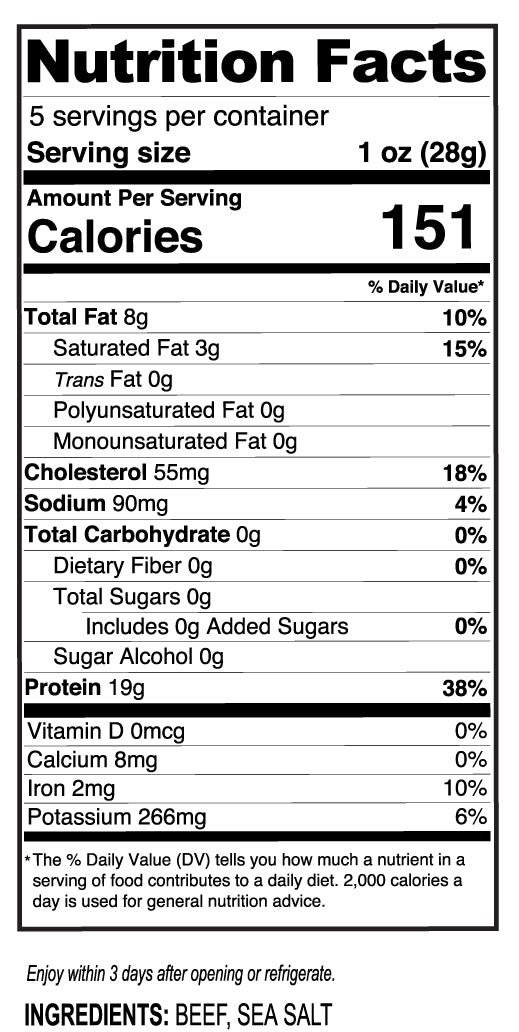 Nutrition facts label for a product with serving size, calories, and nutritional content.