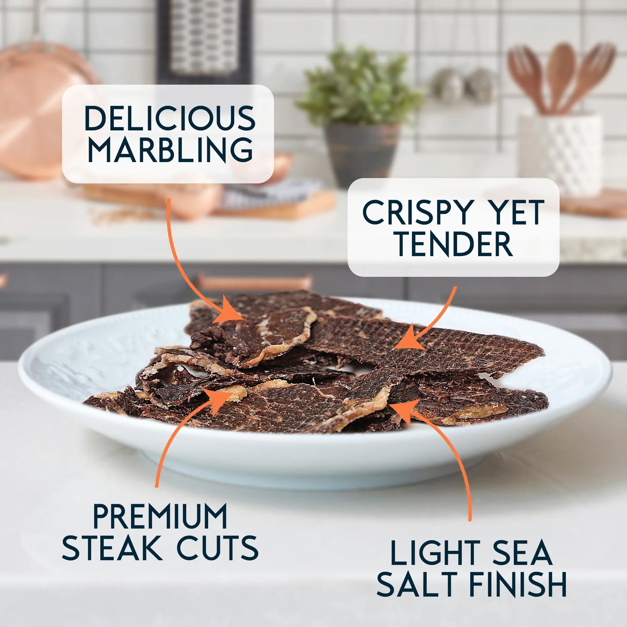 Steak cuts on a plate with text highlighting features in a kitchen setting