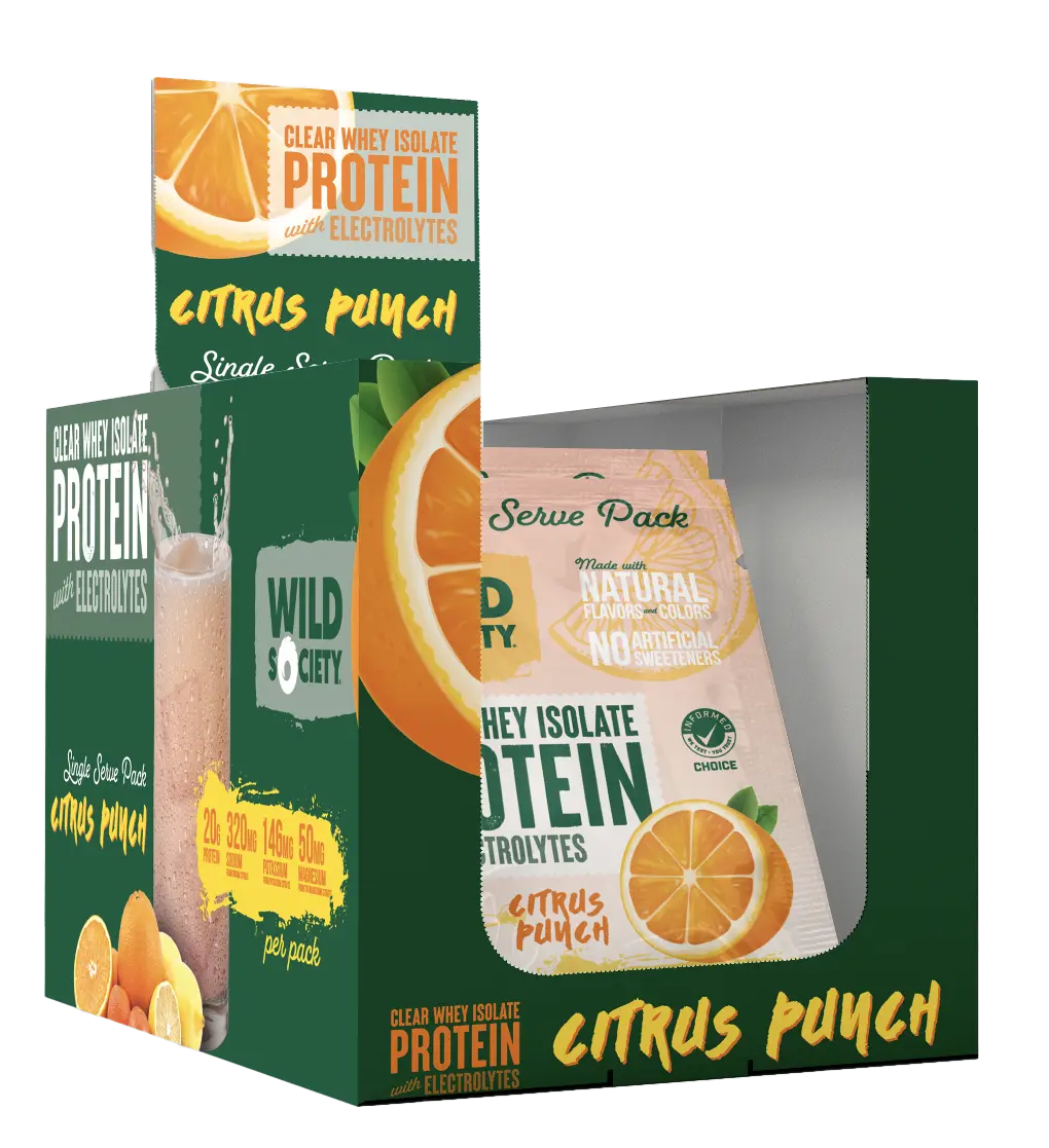 Box of Citrus Punch protein packaging with a single serve pack on a white background