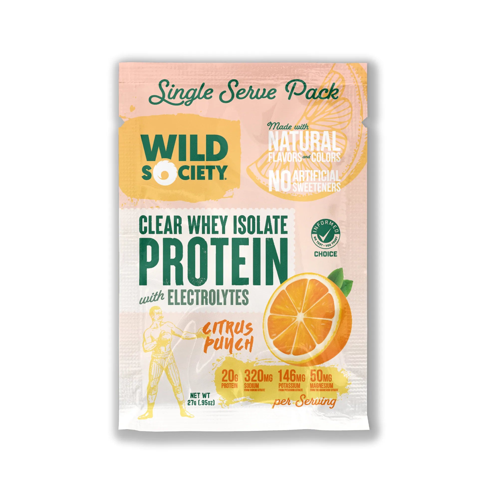 Wild Society protein powder package with citrus flavor on a white background