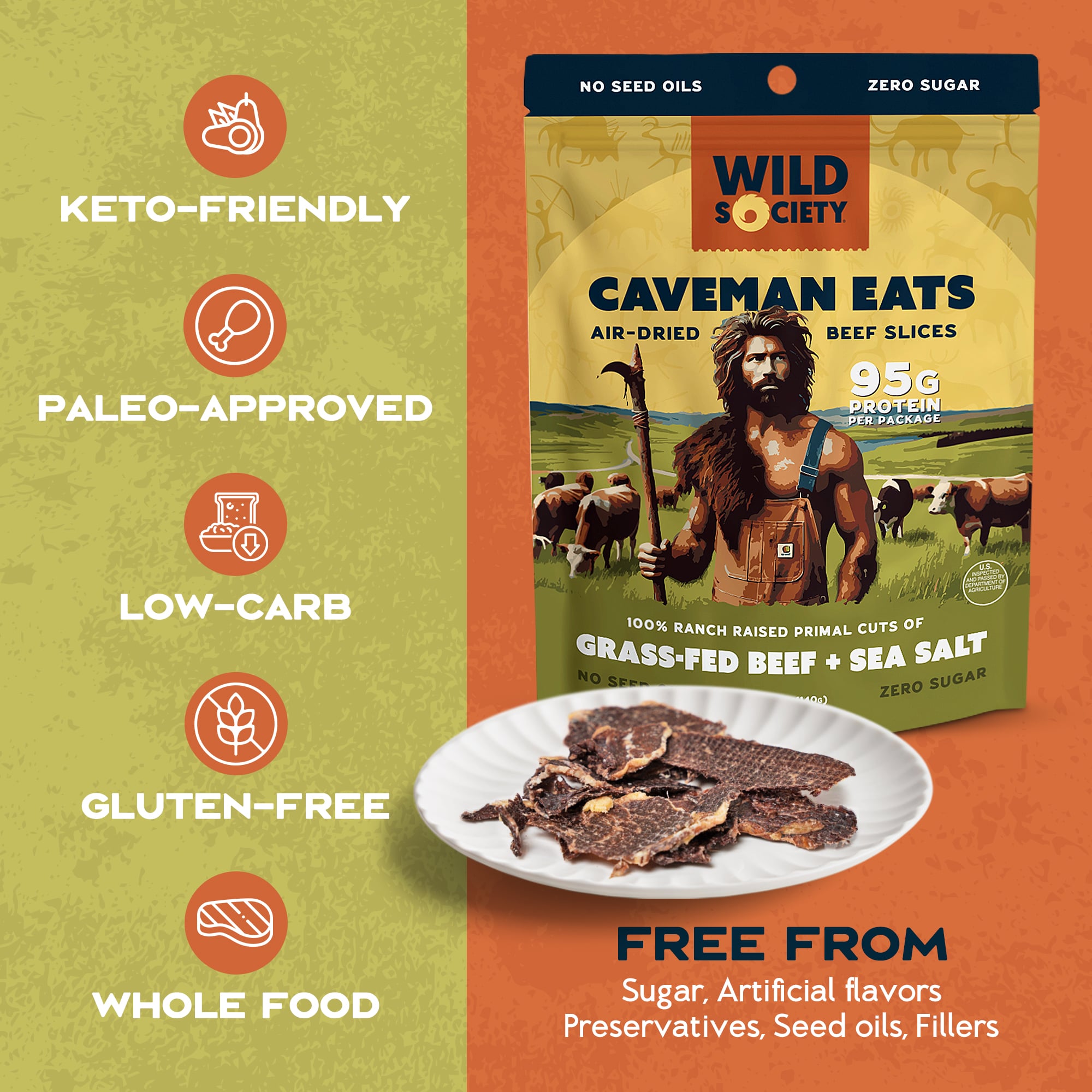 Wild Society Caveman Eats beef slices packaging with nutritional information on a green and orange background
