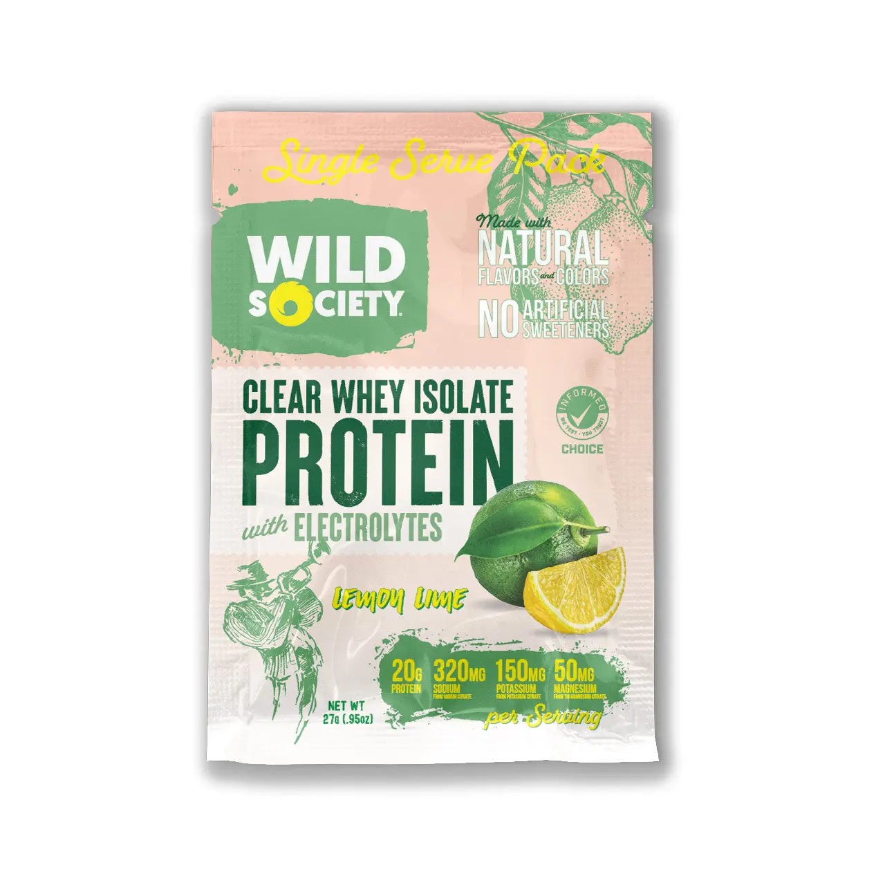 Wild Society protein powder package with lemon lime flavor on a white background