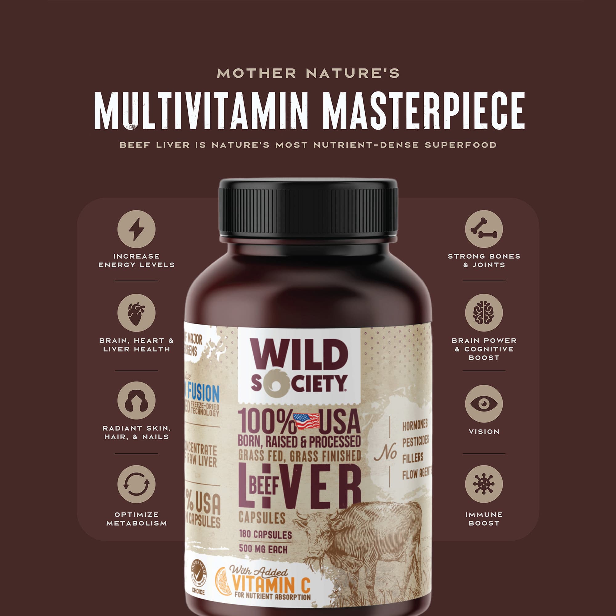 mother natures multivitamin masterpiece - liver capsule features on brown background