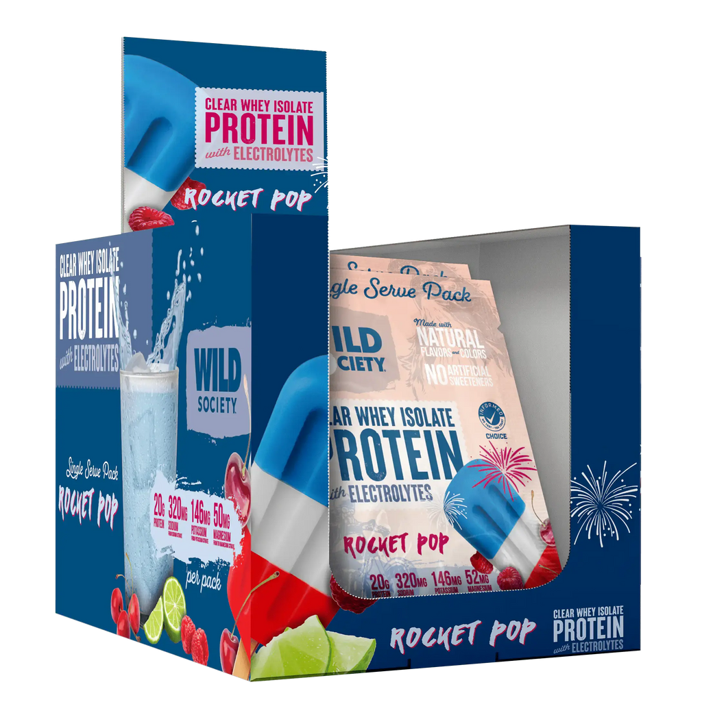 Wild Society protein powder packaging with Rocket Pop flavor on a white background