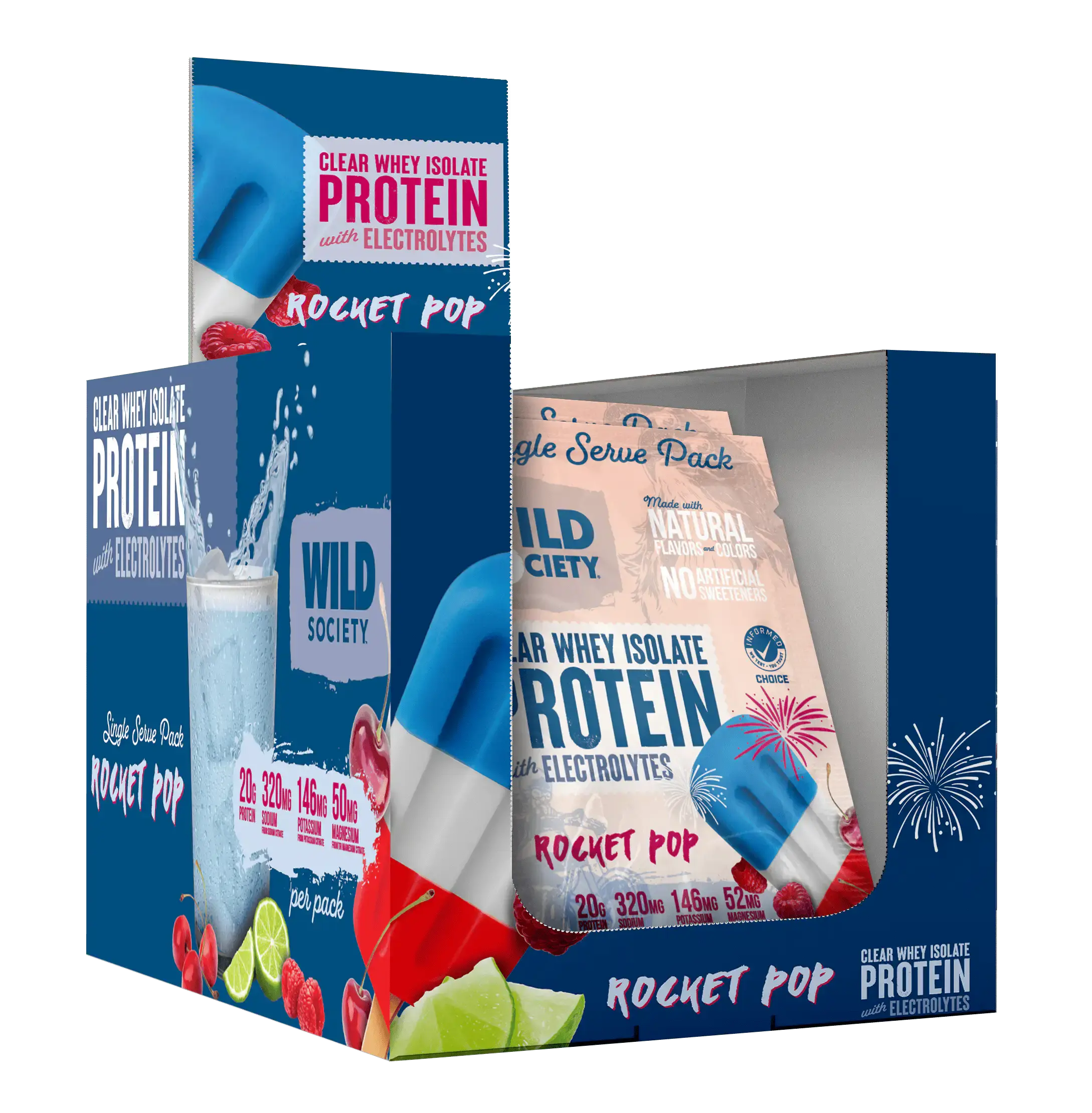 Wild Society protein powder packaging with Rocket Pop flavor on a white background