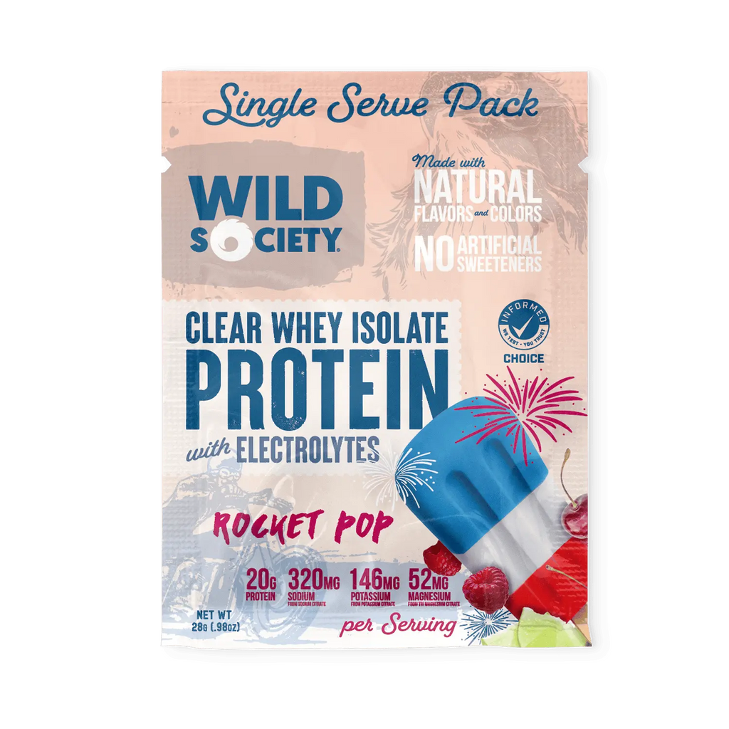 Wild Society protein powder package with rocket pop flavor on a white background
