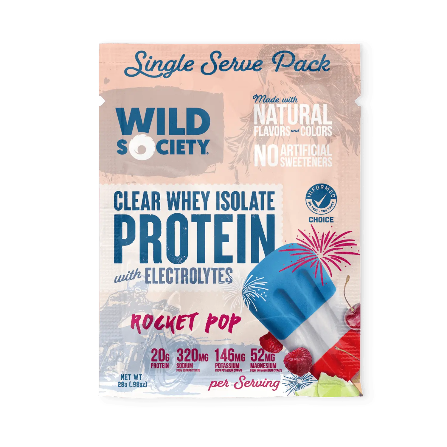 Wild Society protein powder package with rocket pop flavor on a white background