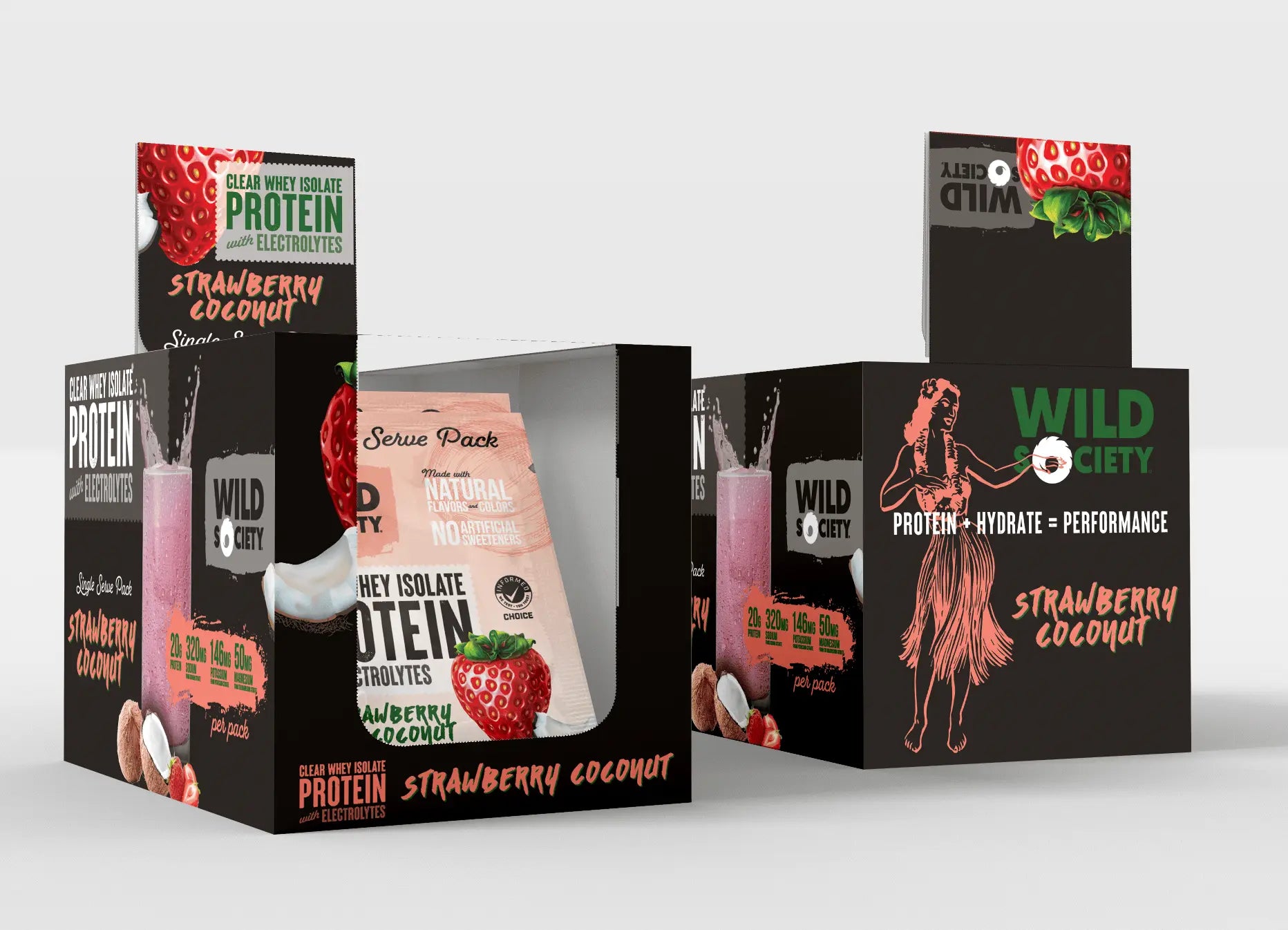 Wild Society protein powder boxes with strawberry coconut flavor on a white background