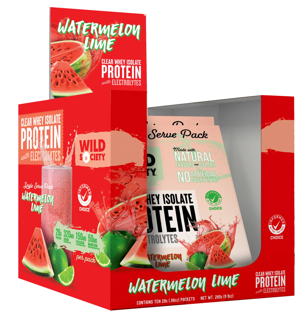 Box of Wild Society watermelon lime protein powder with packaging details.