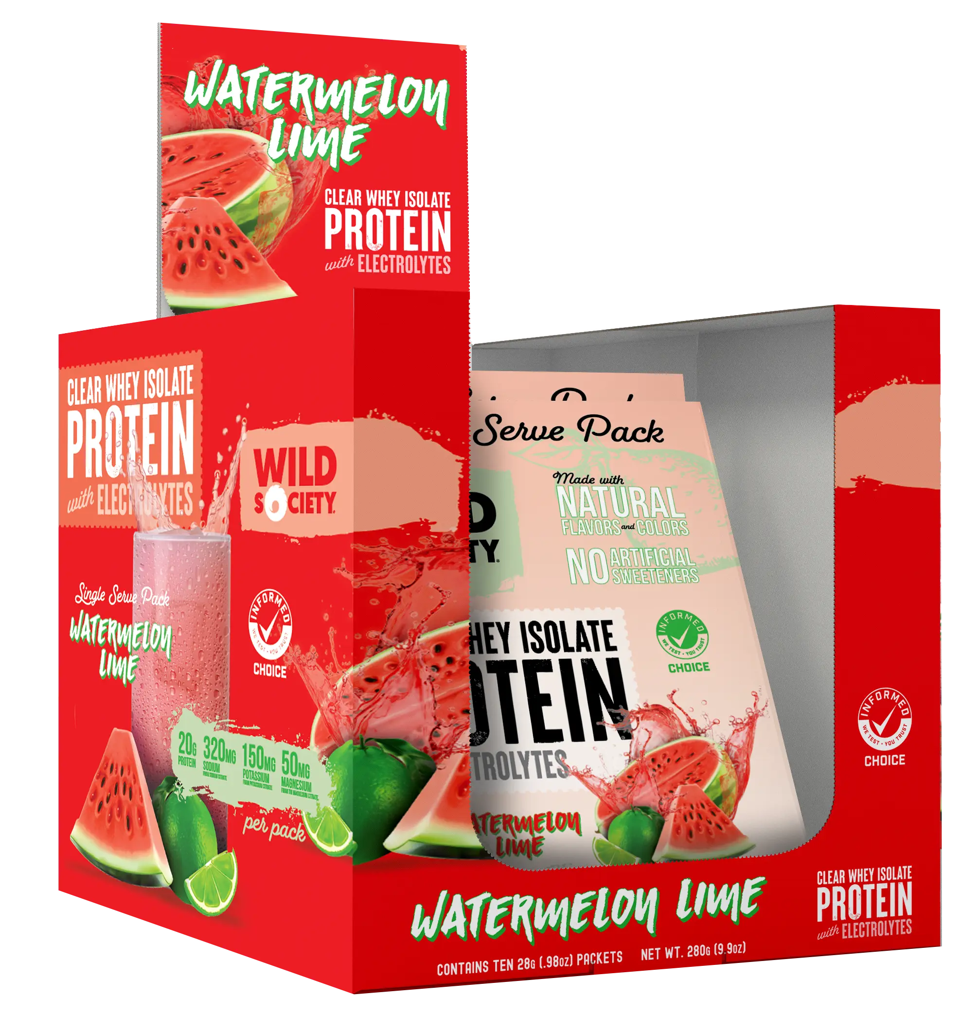 Box of Wild Society watermelon lime protein powder with packaging details.