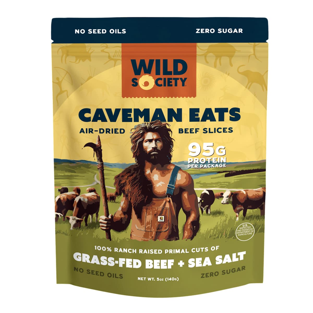 Package of Wild Society Caveman Eats beef slices with a caveman illustration on a white background